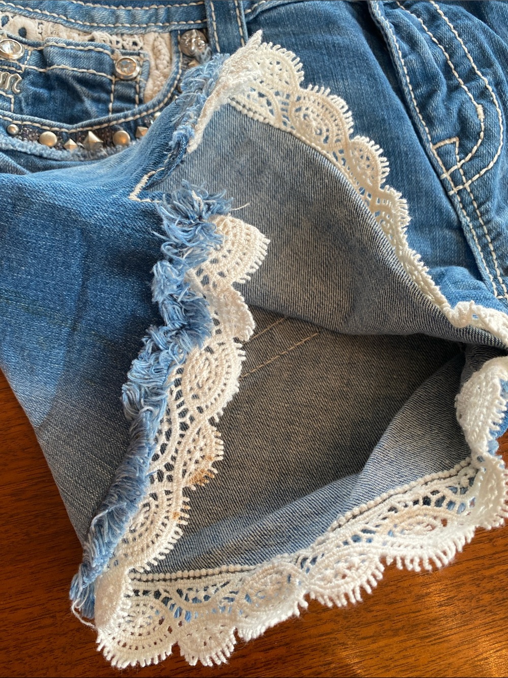 Miss Me Blue Denim Crochet-Trim Shorts - Picture 10 of 13
